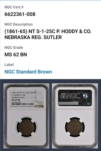 1861-65 1st  Nebraska Regiment 25c SUTLER TOKEN P. HODDY NGC MS62 BN CB1194