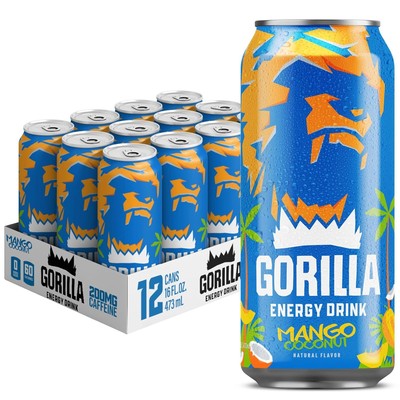 Gorilla Energy Drink, Mango Coconut, 200mg Natural Caffeine, L-Theanine, Taurine