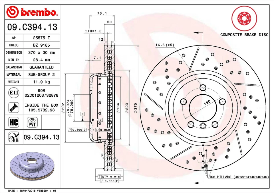 Rotor de freno de disco delantero Brembo 09.C394.13 370 mm para BMW 440i 2017-2019 Foto 2 de 3