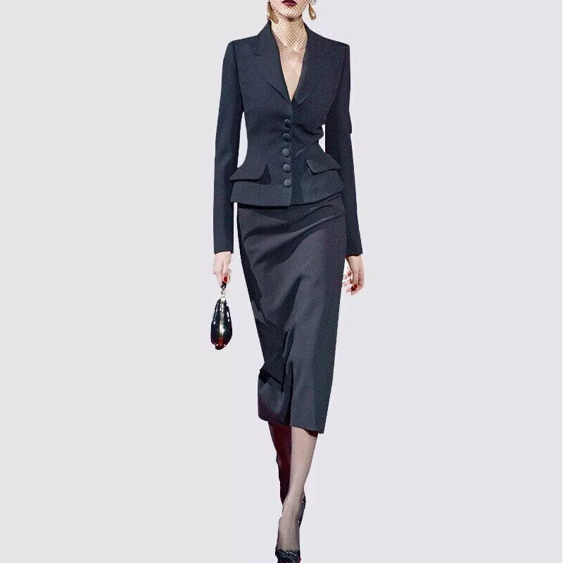 2023 Split collar suit coat and tight midi skirt women s fashion 2