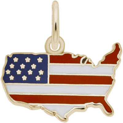10K or 14K Gold USA Flag Map Charm w/Red, White & Blue Enamel by Rembrandt