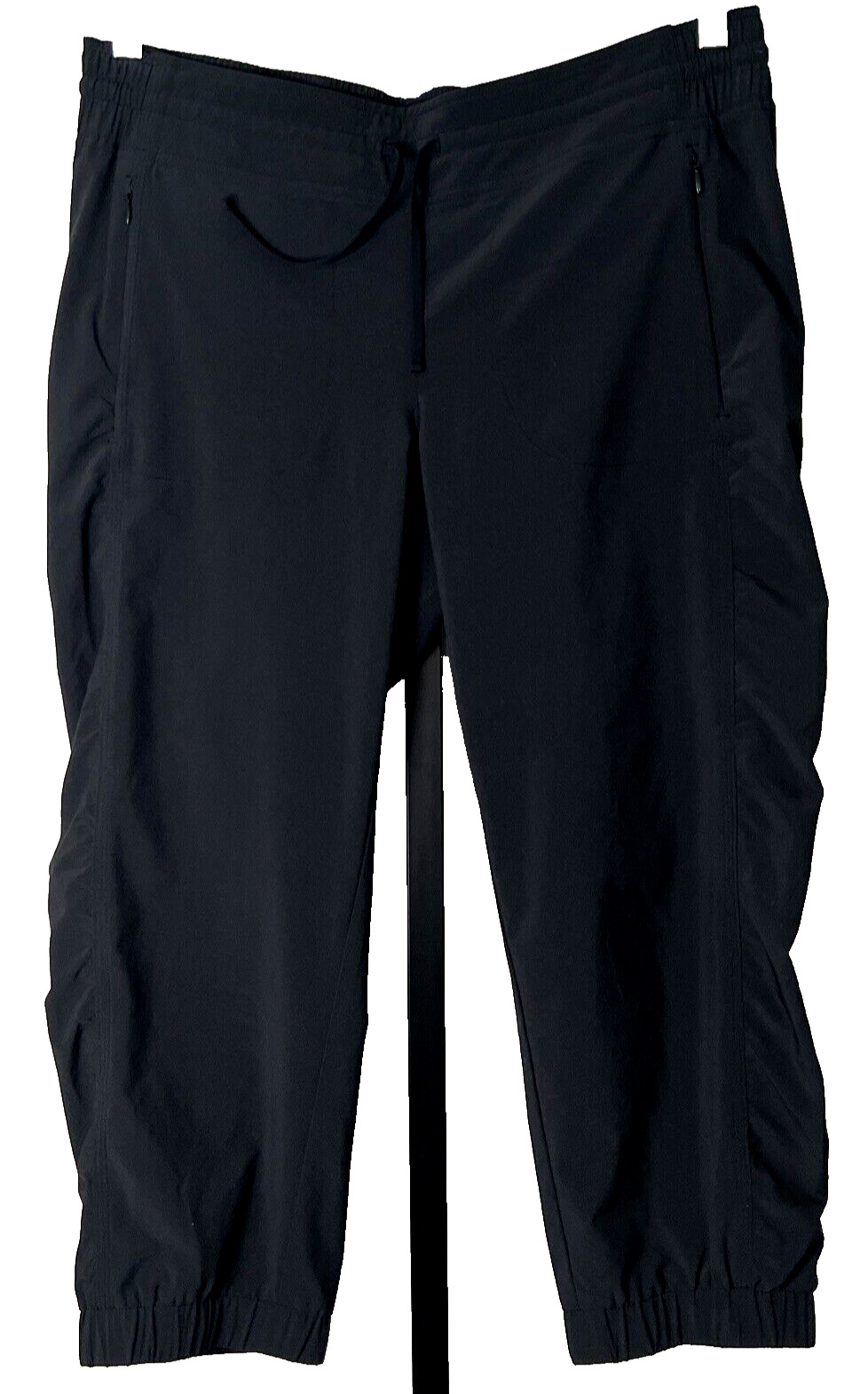ATHLETA La Viva Cropped Capri Jogger Pants Size 12 Black Zipper Pockets Womens