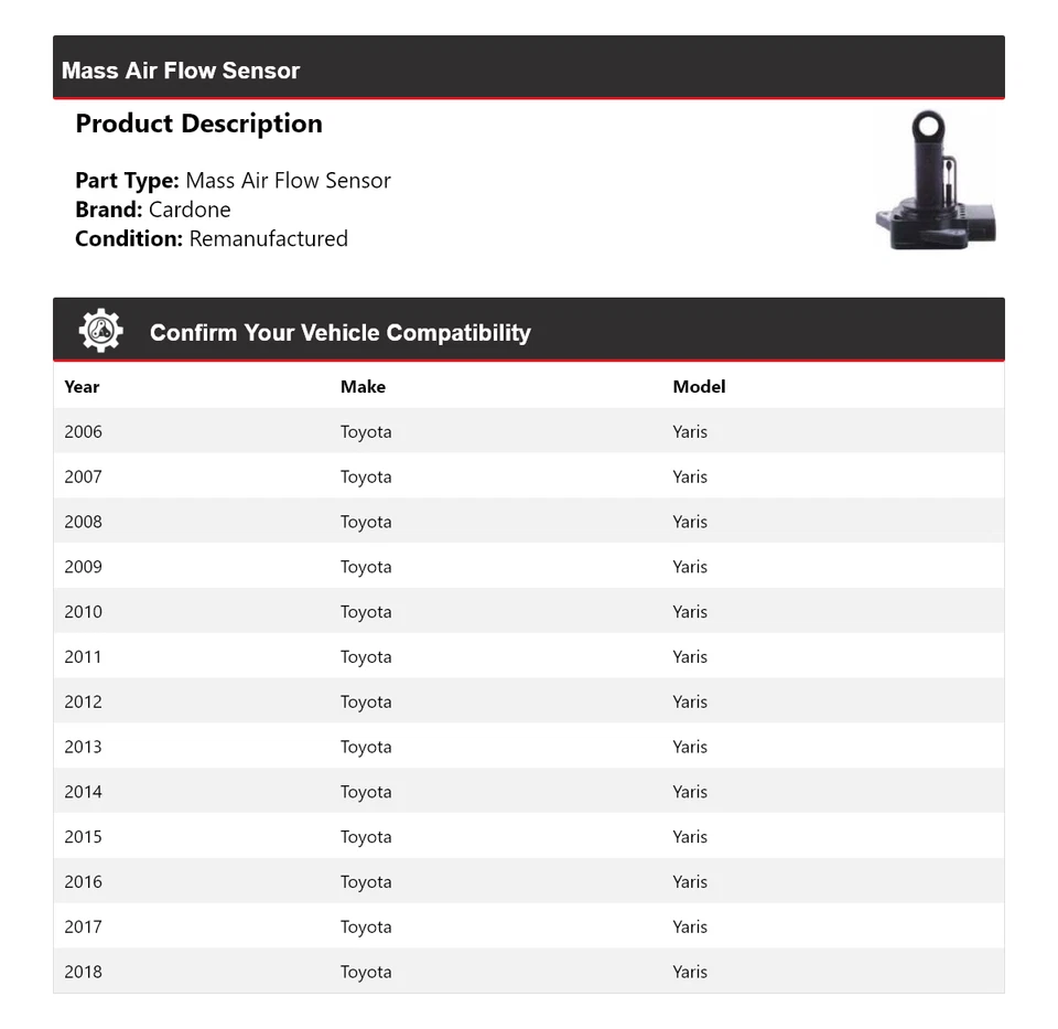 适用于 2006 - 2018 年丰田 Yaris 大众空气流量传感器 Cardone 2007 2008 2009 2010 2011 — 第 2/4 张图片