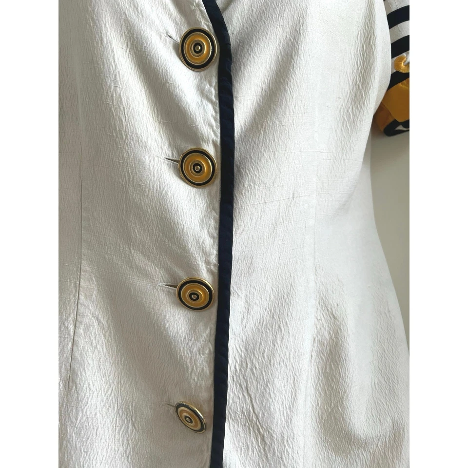 Vintage Saks Fifth Avenue Silk Top Sz 16 Nautical Stripe Puff Sleeve Gold Trim - Image 4 of 4