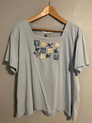 Vintage Victoria Jones Top Womens 2X Blue Floral Embroidered Cottagecore 90s