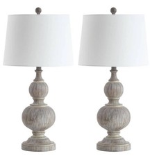 SAFAVIEH Table Lamp LED Set of 2 Faux Wood w/ Resin Base Gray/Off-White Shade
