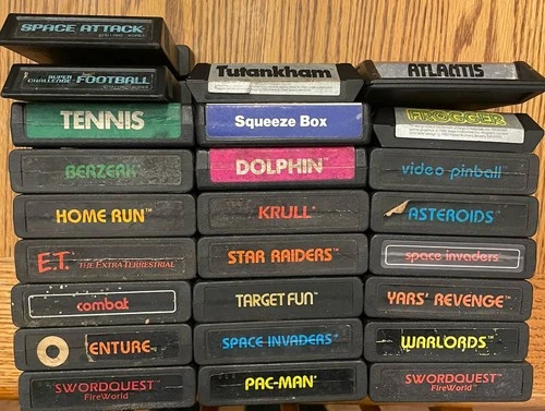 Atari 2600 Game Cartridges 29 Mixed Titles, Frogger, Pac Man, Combat, War Lords