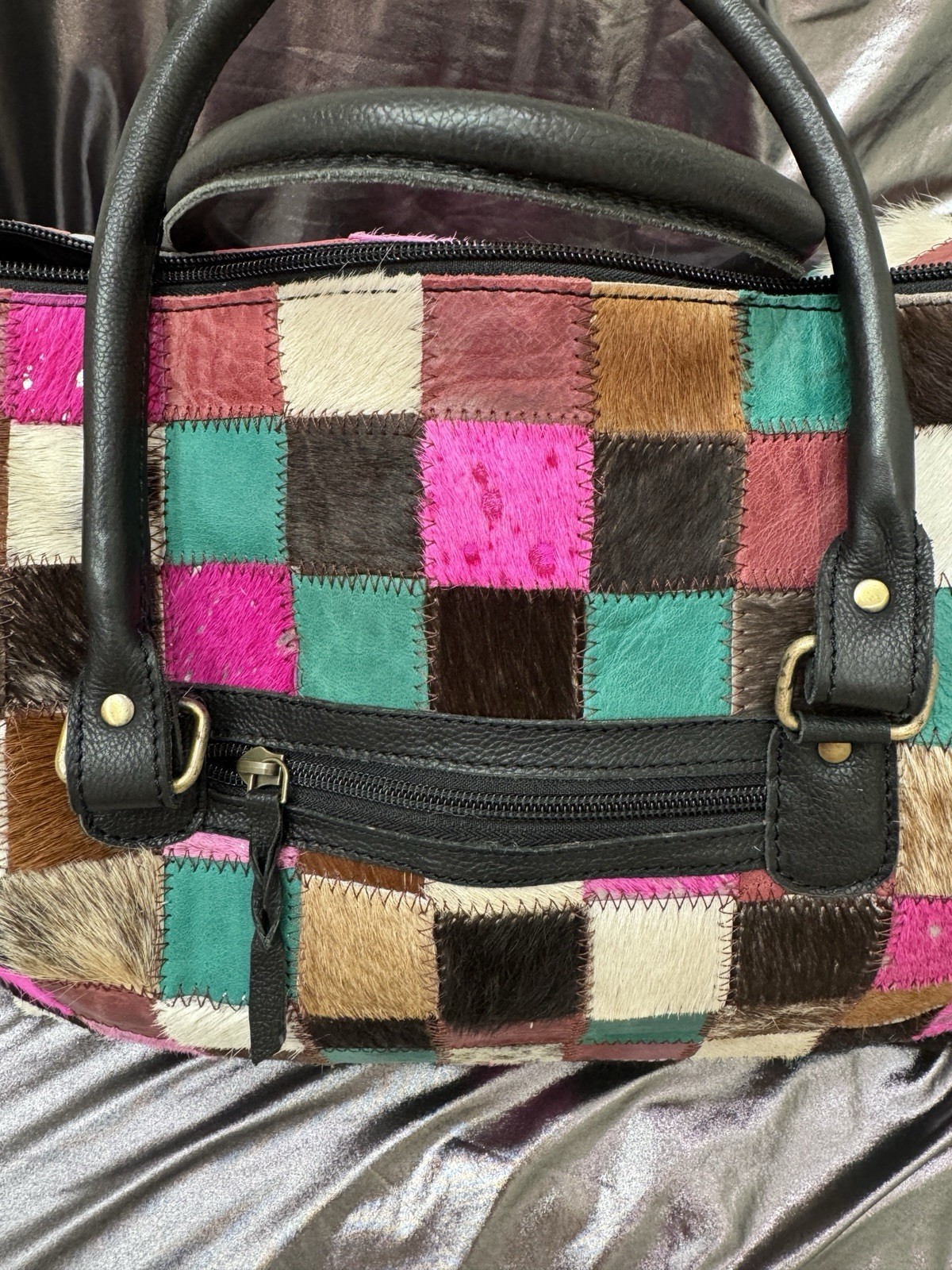 Cowhide Multicolor Patchwork Barrel Handbag Tote - image 3