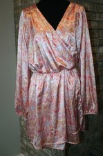 Peach Love California Womens Pink Floral Faux Wrap Long Sleeve Satin Dress SZ L