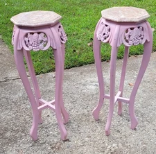 A Lot Of 2 Plant Stand Tables Pedestal Round French Pink Wood & Marble