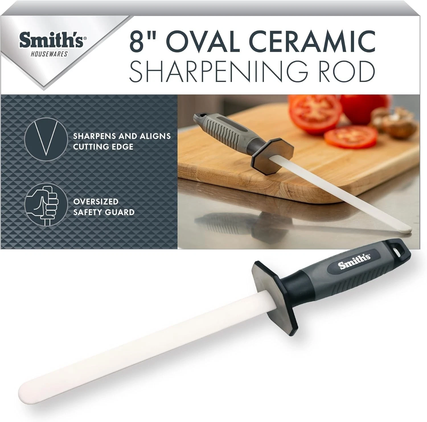 Smith’s 51205 8 Inch Oval Ceramic Sharpening Rod – Soft Rubber Handle – 2-Sta...