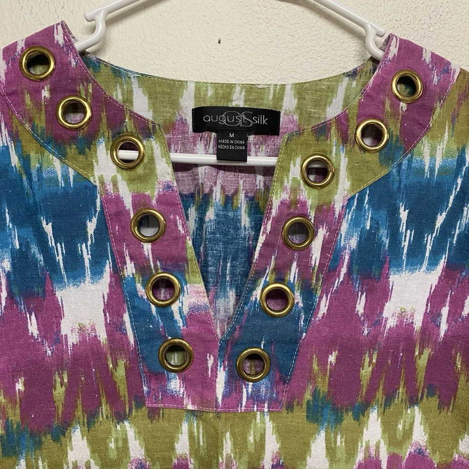 Blusa August de seda para mujer talla M mezcla de lino multicolor cuello en V arte para usar túnica Foto 4 de 4