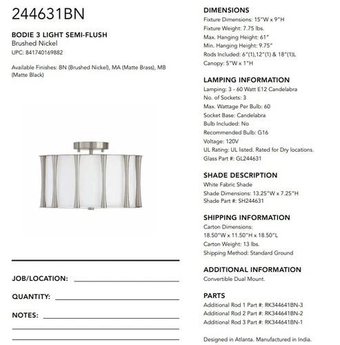 Capital Lighting Bodie 3 Light Semi Flush Mount, Nickel/White Fabric - 244631BN - Picture 3 of 3