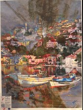 Kotor Montenegro Village and Boats 42 x 28 Signed Overpainted Canvas