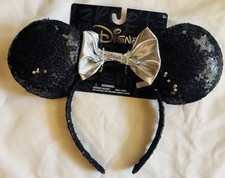 New Disney Minnie Mouse Ears Black Sequin Headband Silver Bow