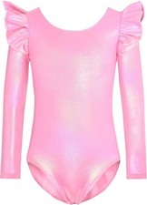 Nymphperi Gymnastics Leotards for Girls Ruffle Long Sleeve 4-5T, Rainbow Pink