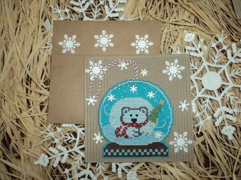 Bent Creek Polar Bear Snowglobe Cross Stitch Christmas Card Snowflakes Ornament