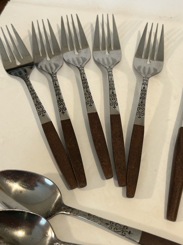 Vtg Interpur Teak Wood Handles Flatware Silverware Mid Century 21 Pieces - Picture 6 of 10
