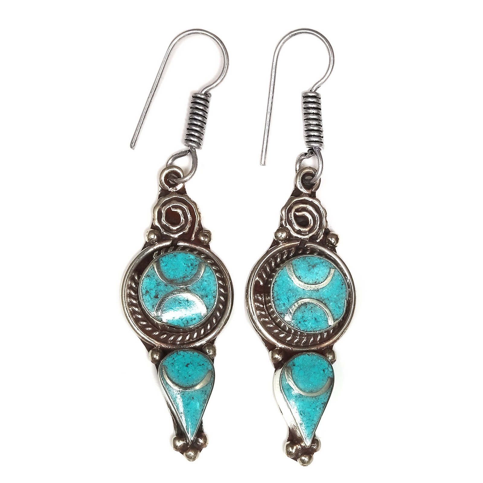 Nepali Tibetan Turquise Lapis Lazuli Gemstone Silver Jewelry Earring 1.5''