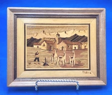 Vtg Marquetry Wood Inlay Wall Art Llamas Mountain Village Bolivia 8x6.5" 1970s