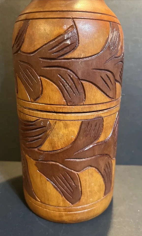 Botella hueca de madera tallada a mano vintage de 2 piezas arte popular de Haití floral de dos tonos Foto 4 de 4