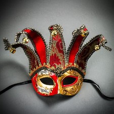 Luxury Musical Venetian Gold Red Jolly Jester Masquerade Half Face Eye Mask Bell