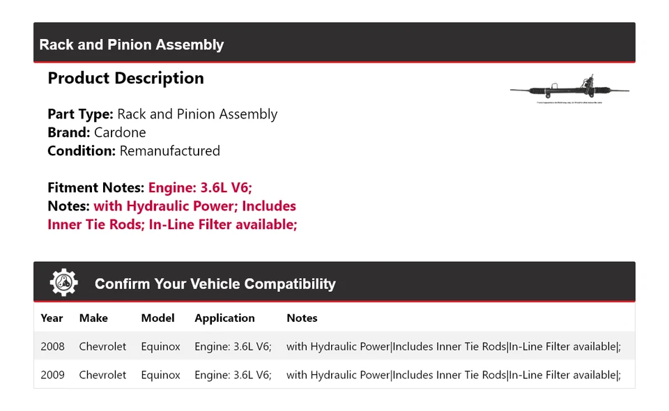 Para Chevrolet Equinox 2008-2009 3,6 L V6 montaje de cremallera y piñón cardone Foto 2 de 4