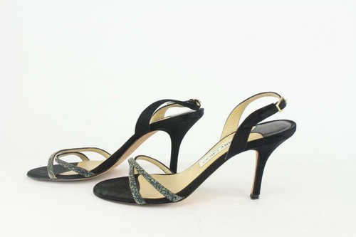 Black Satin Glitter Stone Strappy Heels 