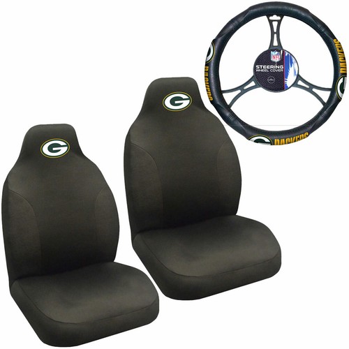 NFL Green Bay Packers Car Truck 2 Front Seat Covers & Steering Wheel