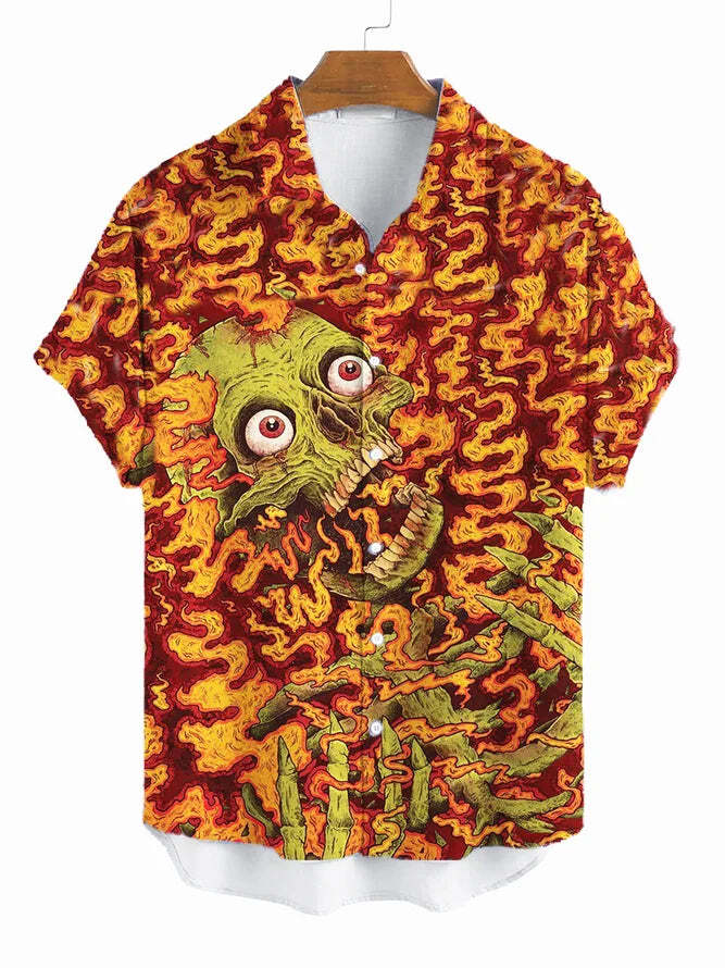 Mens Skull Print Collar Casual Shirt US Size Summer Style Trendy Men's Fashion Essential