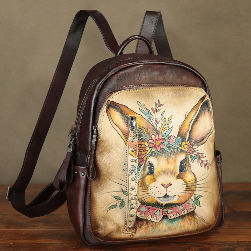 Hand Painted Genuine Leather Backpack Purse for Women Rucksa