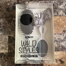 Conair Wild Styles Detangle & Go Brushes and Scrunchie, Set of 3 New In Box