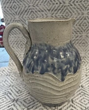 Vintage Artisan Studio Art Pottery Blue White Vase Pitcher With Handle Signed