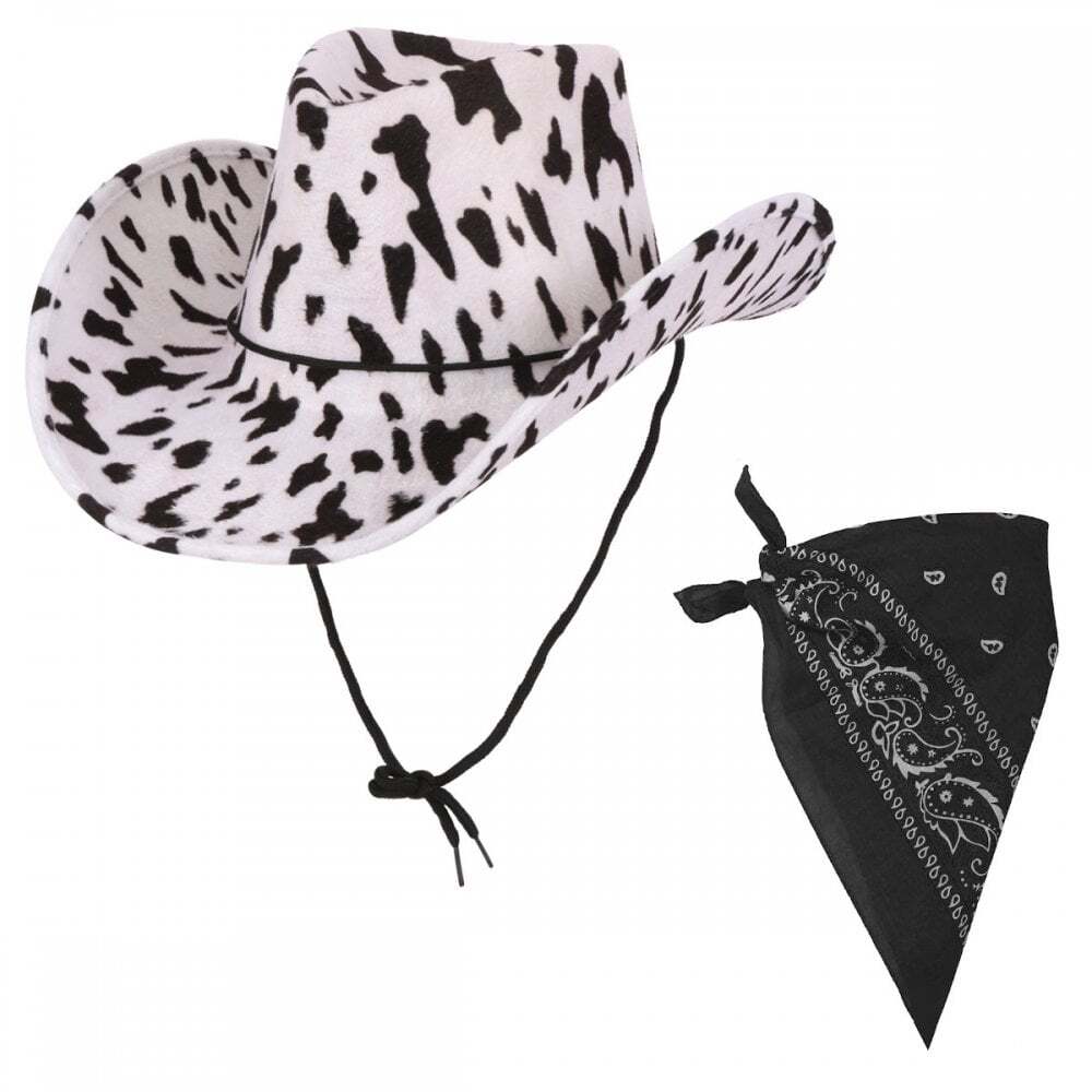 Texan Cowboy Cowprint Hat + Black Bandana Adult Western Wild West Fancy Dress