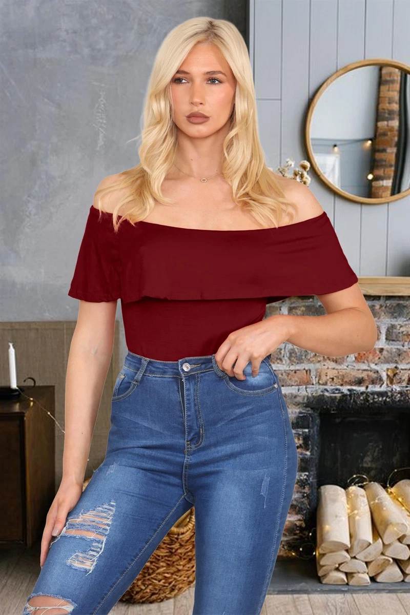 Womens Off Shoulder Bodysuit Ruffle Frill Plain Bardot Leotard