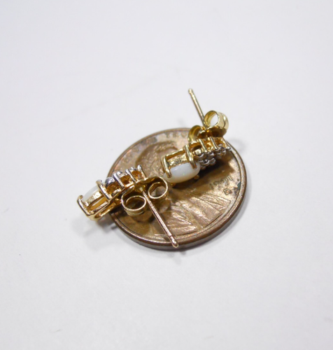 10K YELLOW GOLD OVAL FIRE OPAL & DIAMOND CHIP DAINTY STUD EARRINGS - Picture 3 of 14