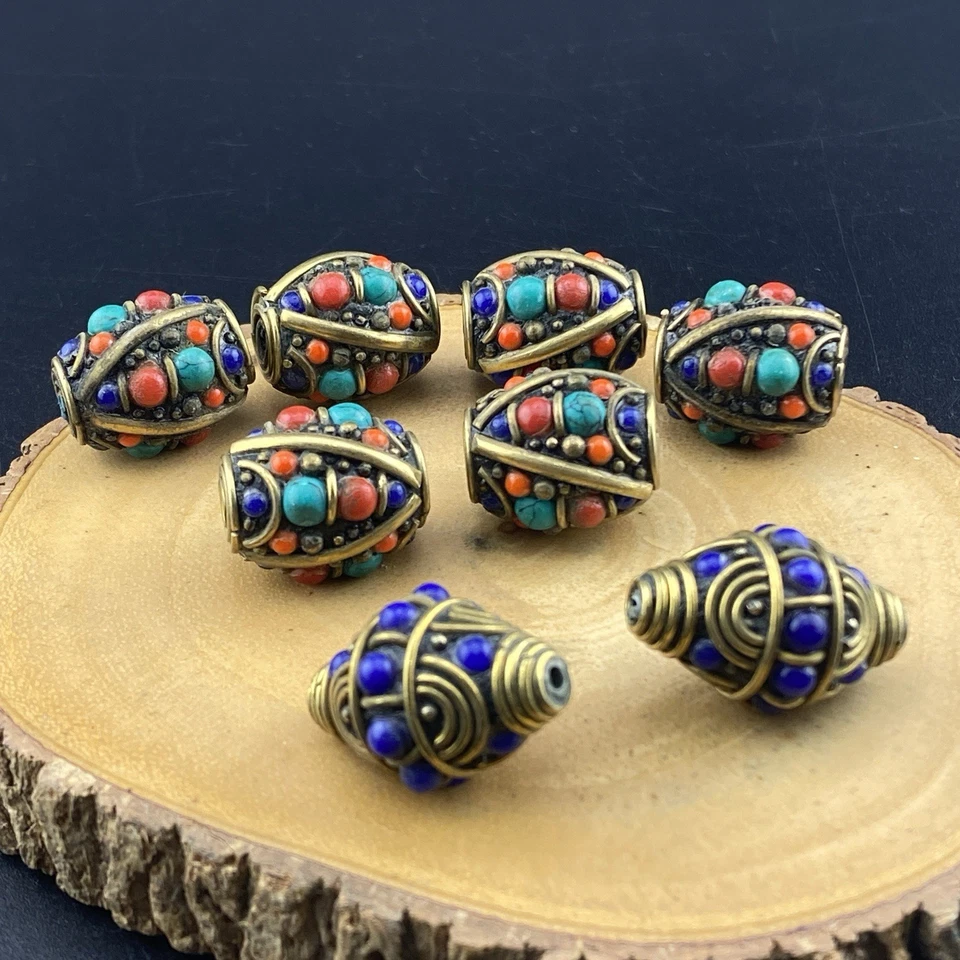 Tibetan Nepal Jewelry Artisan Handmade Brass Turquoise Lapis Coral 8 Masala bead - Image 2 of 4