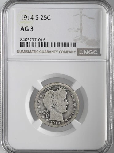 1914-S  25C BARBER SILVER QUARTER  SAN FRANCISCO MINT  NGC AG3 #8405237-016