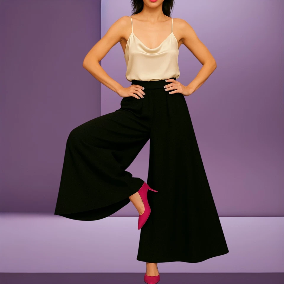 $1209 Retail LILITH France 42 L Black Pleat-Front Back-Tie High-Rise Wide Pants - Image 2 of 4