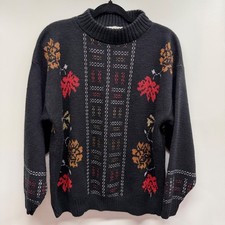 Vintage Dana Scott Black Mock Neck Sweater Womens Large Fall Leaves Grandma