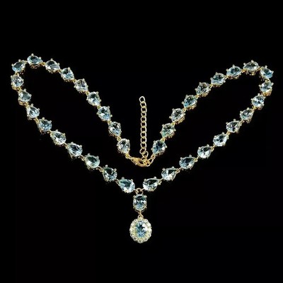 15 kt ovale Lab Created Aquamarin Damen Tennis Halskette 14k Gelbgold Finish