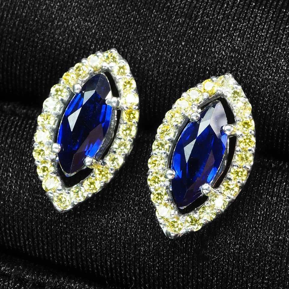 Pendientes con halo de oro blanco de plata de ley 925 de 2,50 quilates con zafiro azul real mal de ojo Foto 2 de 4