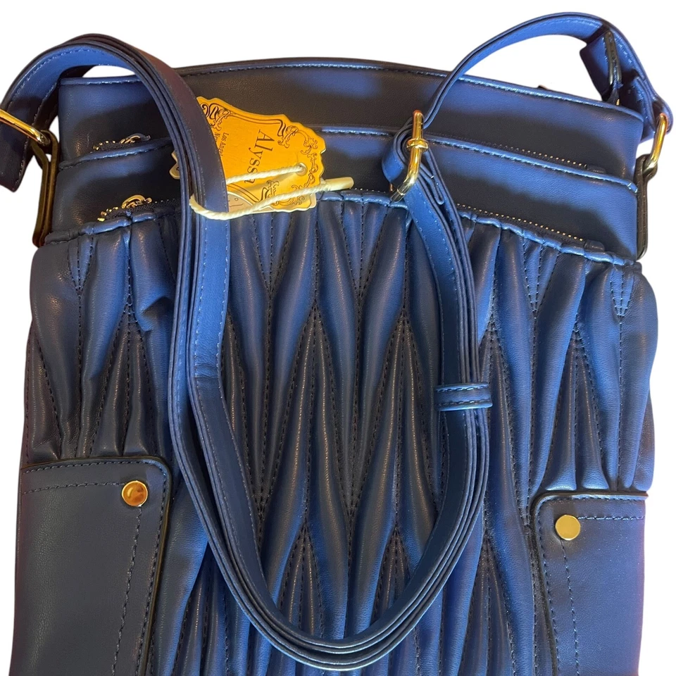 Bolso Bandolera Alyssa Acolchado Acento Bolsillos con Cremallera Cuero Vegano Azul Cobalto Cartera Foto 2 de 4