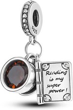 Genuine Sterling Silver 925 Reading Is My Super Power Coffee Book Charm 