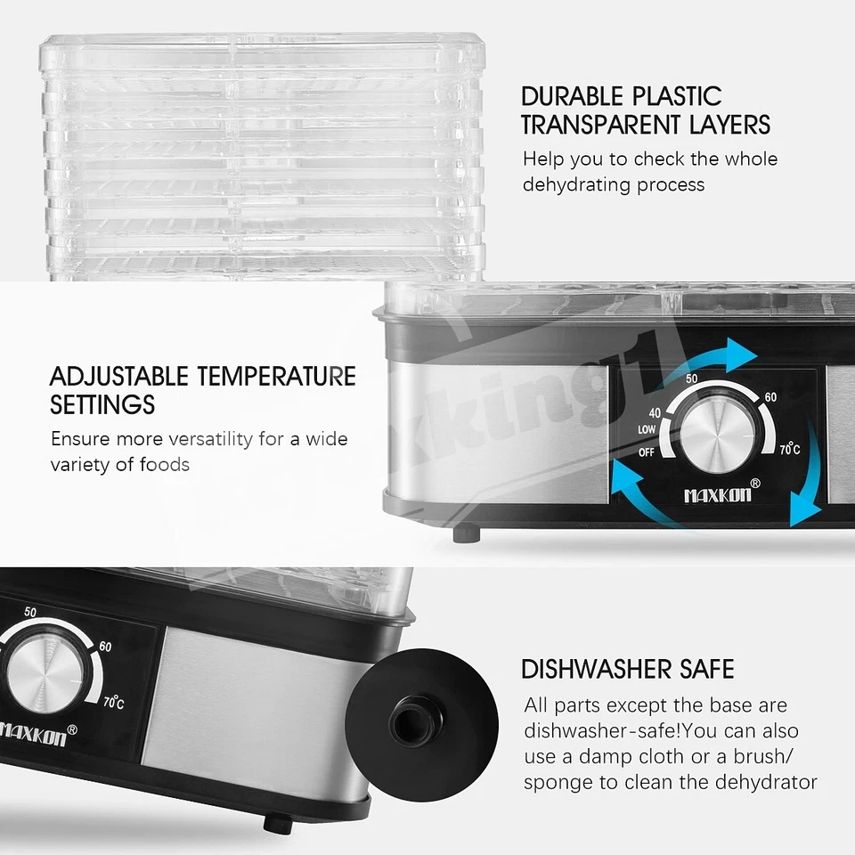 Maxkon Food Dehydrator 7 Trays Beef Jerky Maker Meat Fruit Dryer Stainless Steel - image 3 of 4