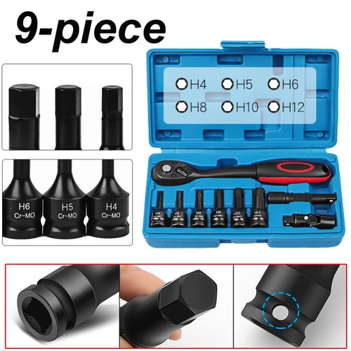 9pc Drive Impact Hex Socket Bit Set Allen Key Torx w/72 Tooth Ratchet Tool + Box - Picture 7 of 10