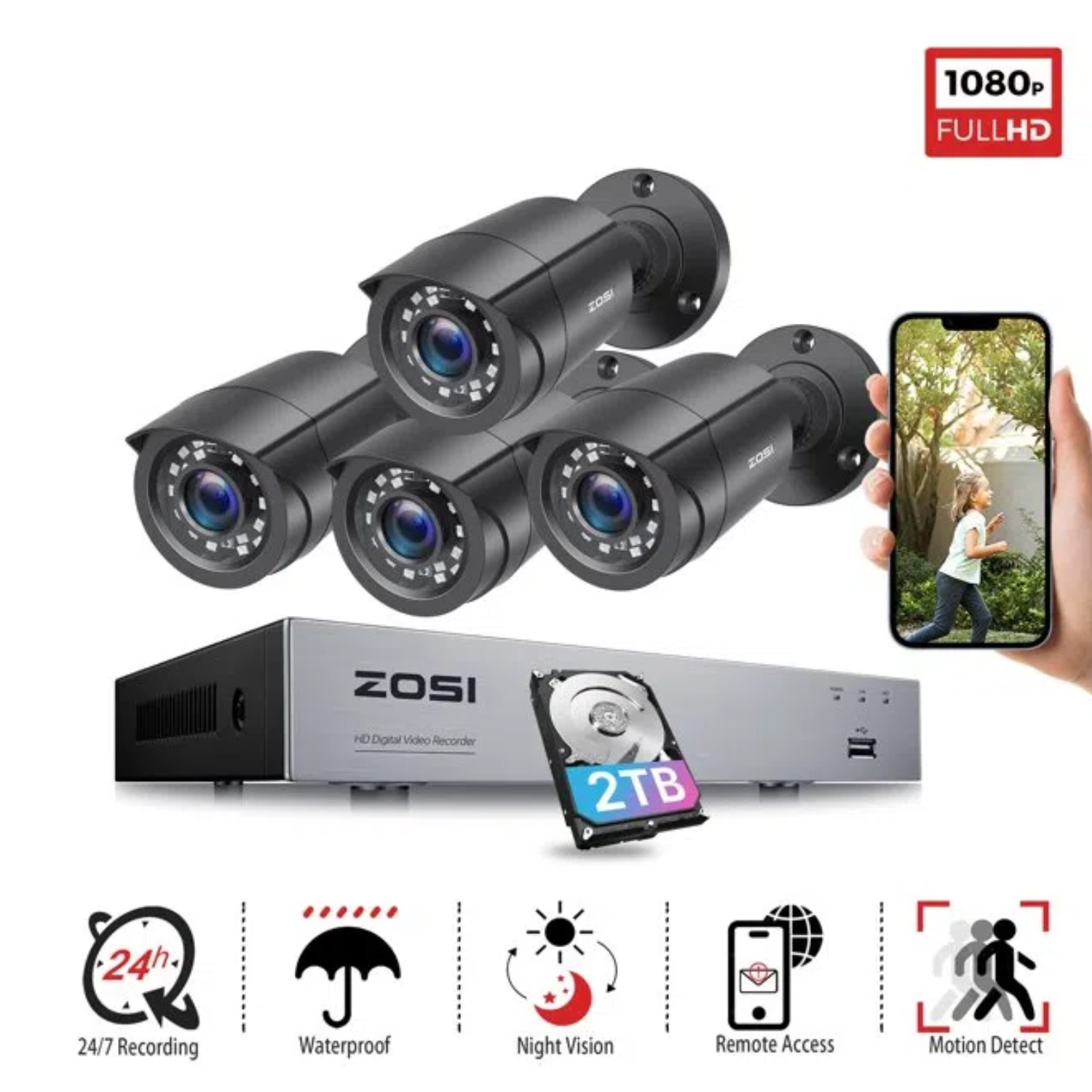 ZOSI 8CH 5MP 1080p Home Security Camera System Outdoor Lite DVR Hard Drive 2TB