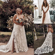 Bohemian A Line Full Lace Wedding Dresses Bridal Gowns Deep V Neck Sweep Train