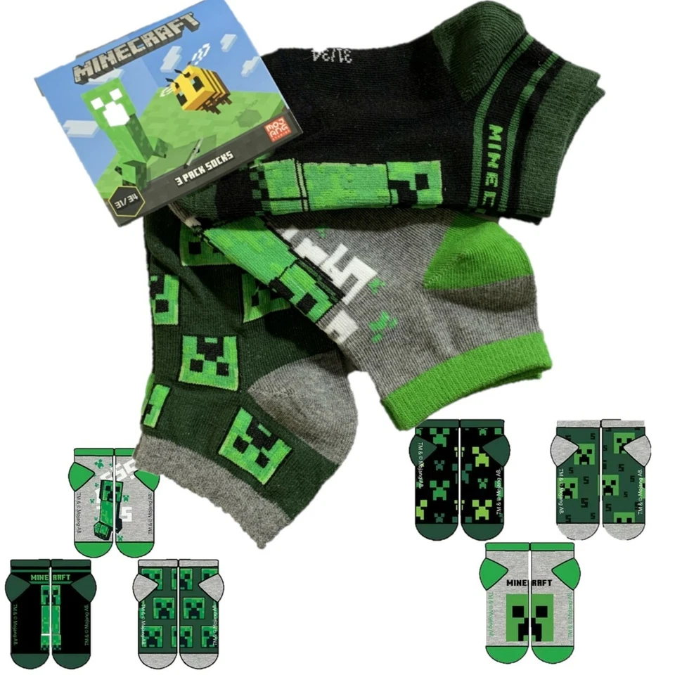 3 Paar Jungen Kinder Minecraft Trainer No-Show Baumwollsocken Größe UK 6-5,5 EU 23-38