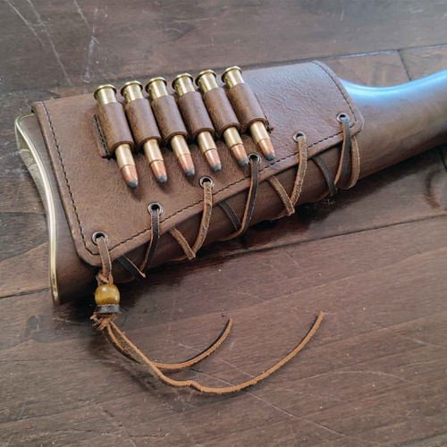 Buttstock Cover w Cartridge Holder Rustic Leather Ammo Loops Handmade in the USA - Picture 3 of 5